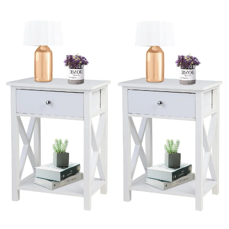 Wooden X-Design Modern Side End Table Storage Shelf with Bin Drawer White Night Stand Sets of 2