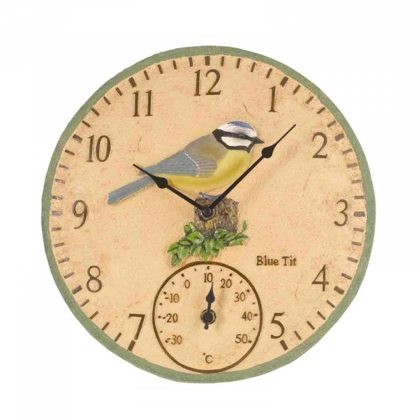 Wall Clock & Thermometer Blue Tit 12"